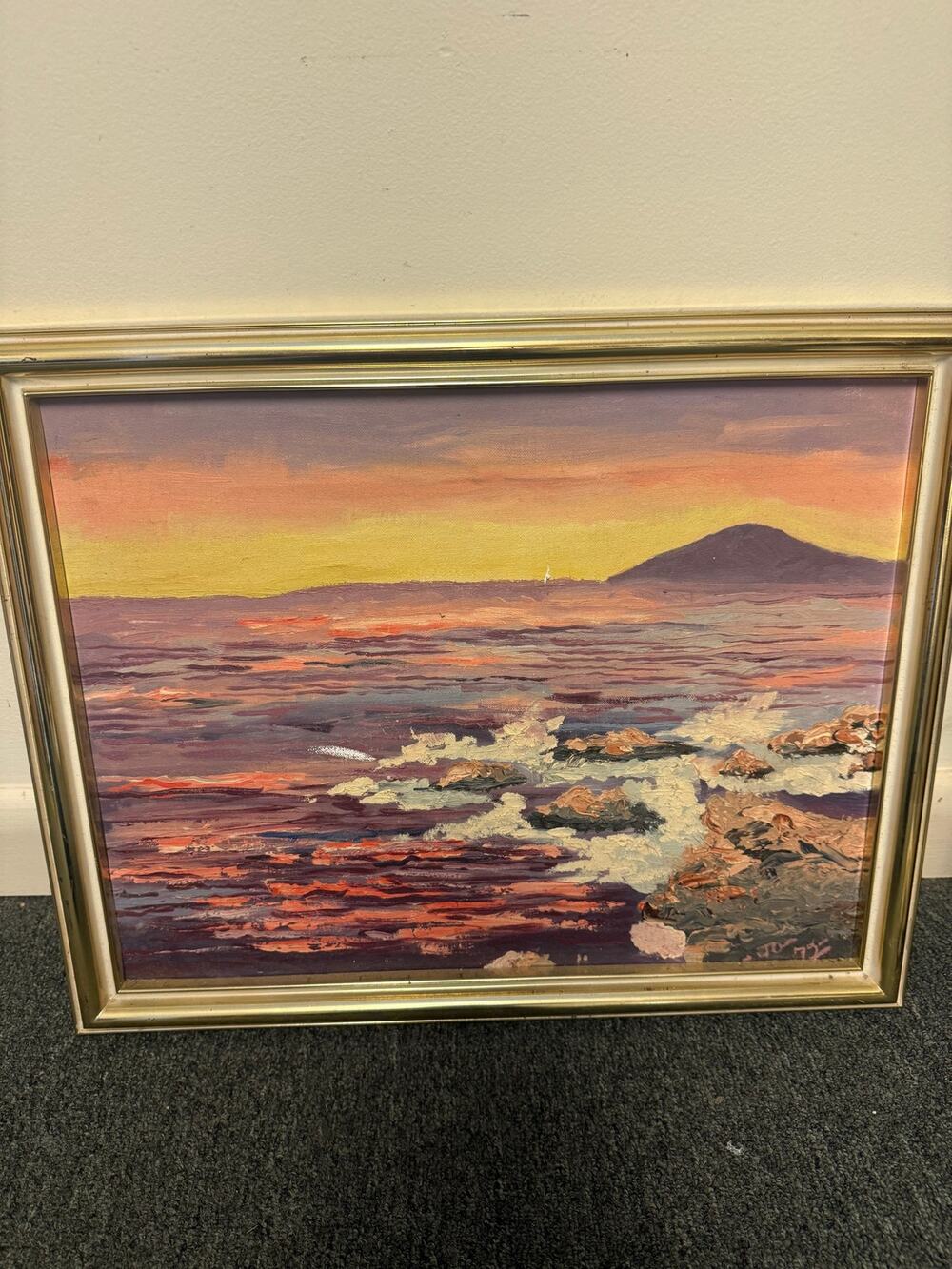 1972 Original Signed Oil on Canvas Sunset Sky on the Ocean 20X16"